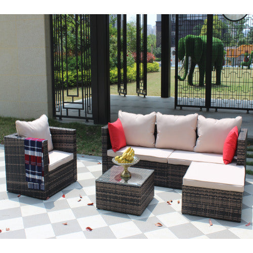 Rattan Patio Furniture Set Wicker Sofa Cushioned Sectional Furniture Set Garden Patio Sofa Set 4 Pieces, Brown