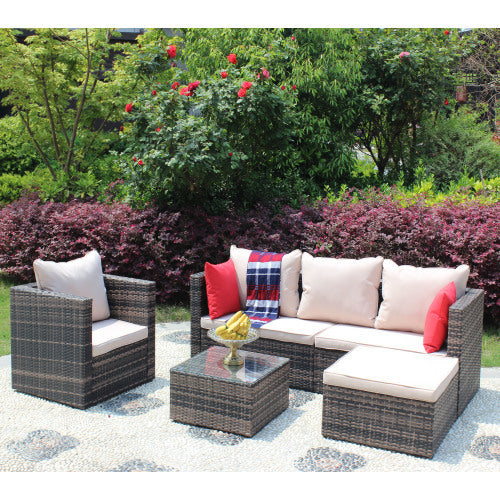 Rattan Patio Furniture Set Wicker Sofa Cushioned Sectional Furniture Set Garden Patio Sofa Set 4 Pieces, Brown